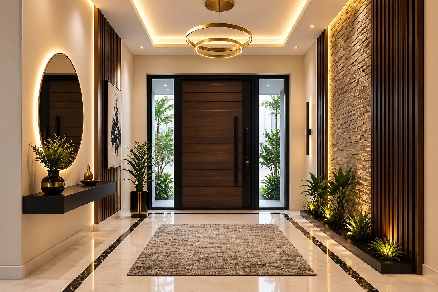 Entrance hall with a timber pivot door, stone feature wall and a brass ring pendant