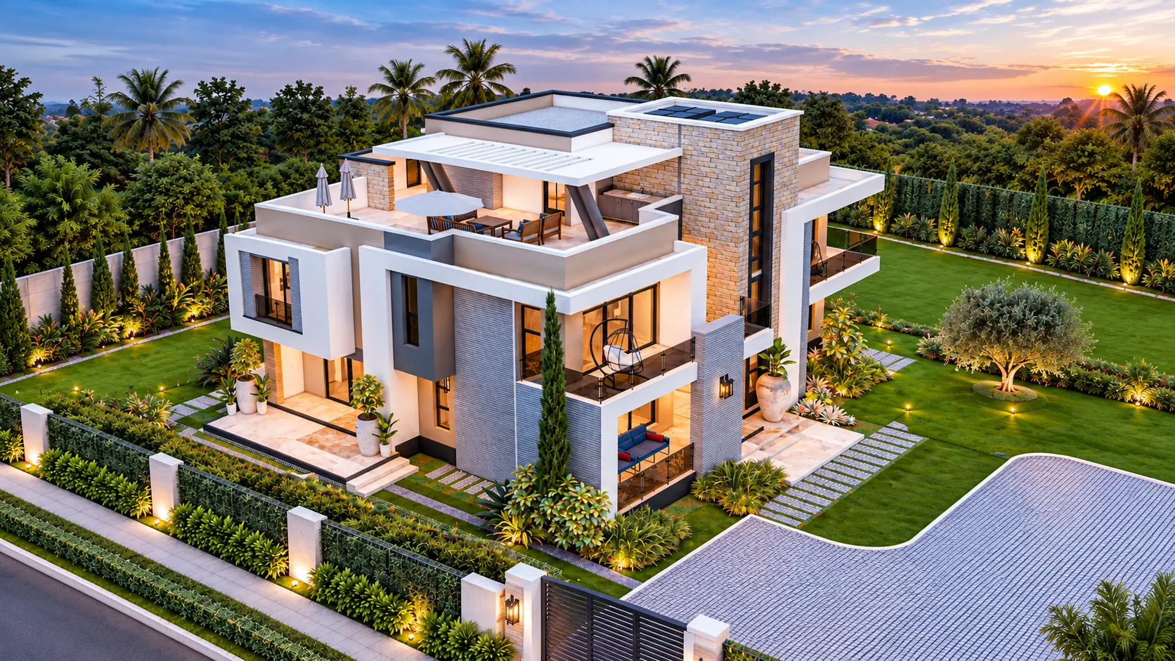 Wide dusk view of the completed residence with lit gardens