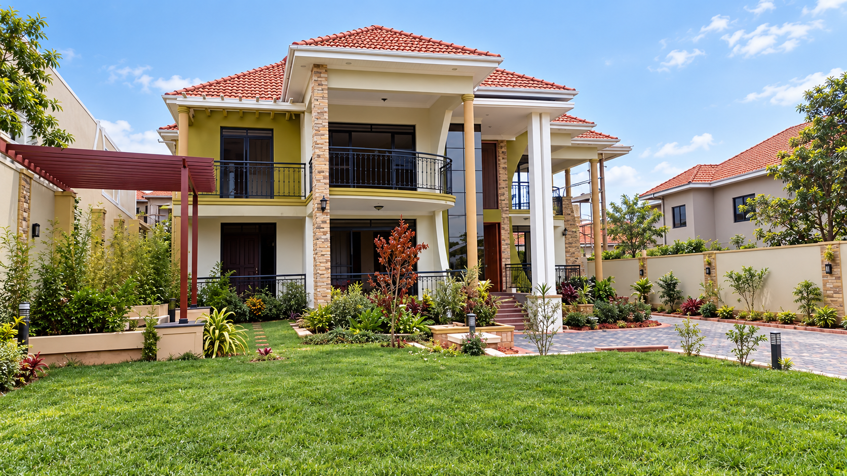 Family home with tiled roof, stone-clad columns, balconies and a manicured lawn with planted borders