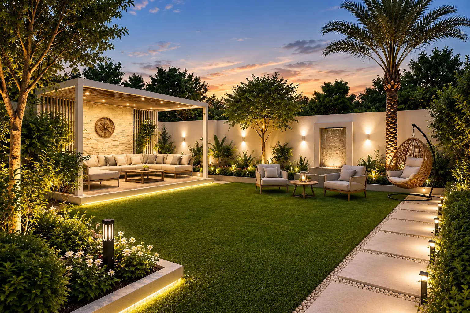 Landscaped garden room at dusk with a lit pergola lounge, lawn and water feature