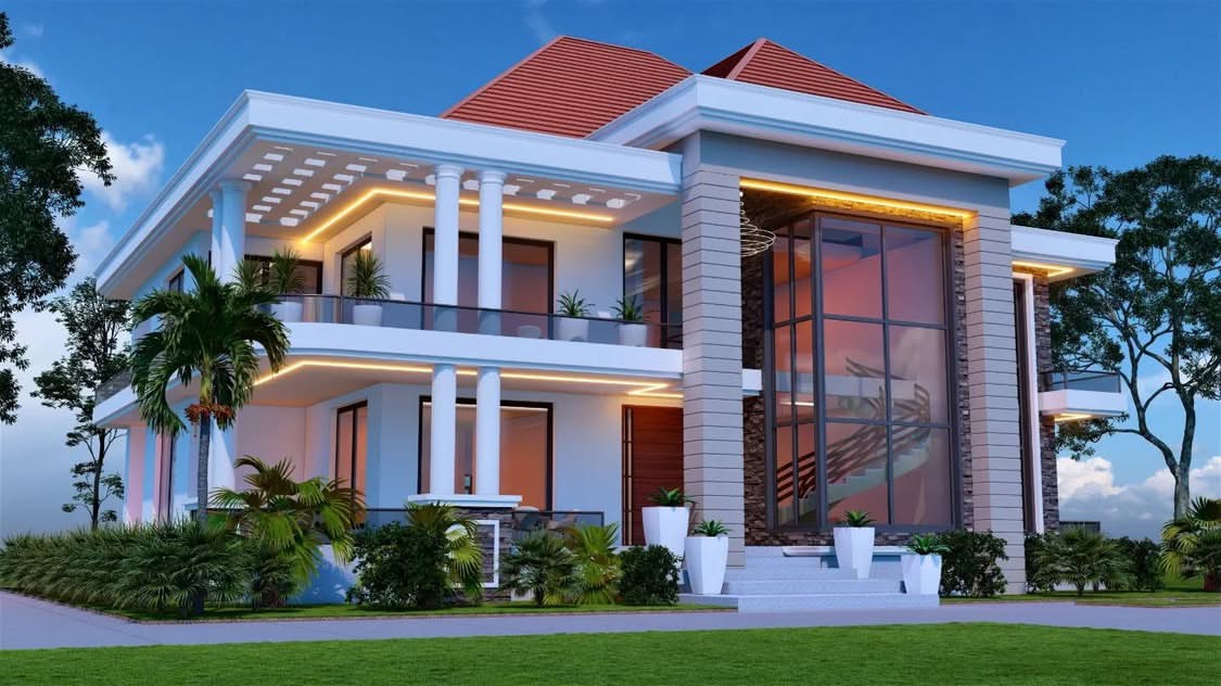 Large white villa with a tiled roof, colonnaded terrace, pergola, glazed stair hall and mature palms at dusk