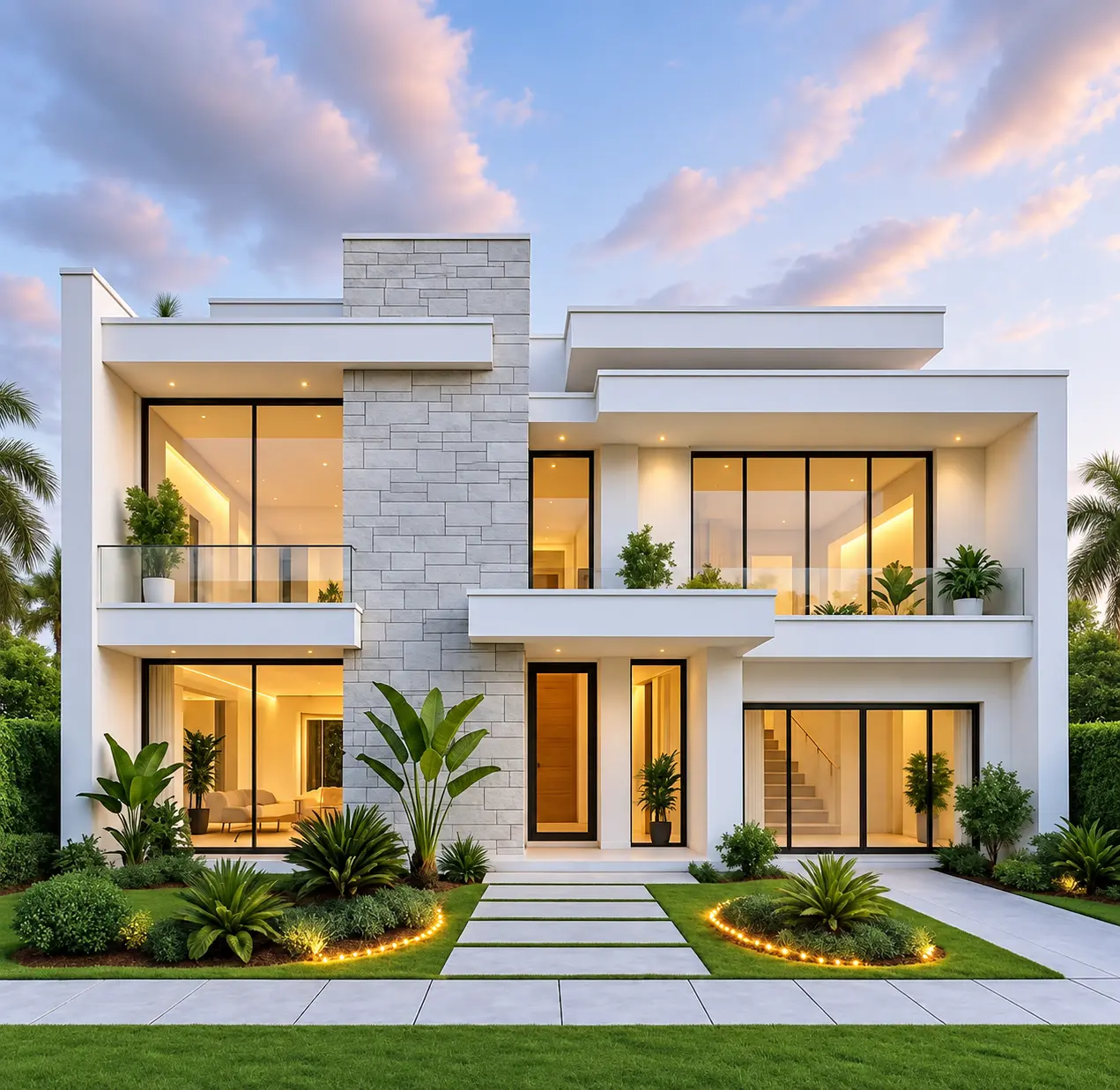 White modern residence with stone chimney volume, deep balconies and warmly lit interiors at twilight