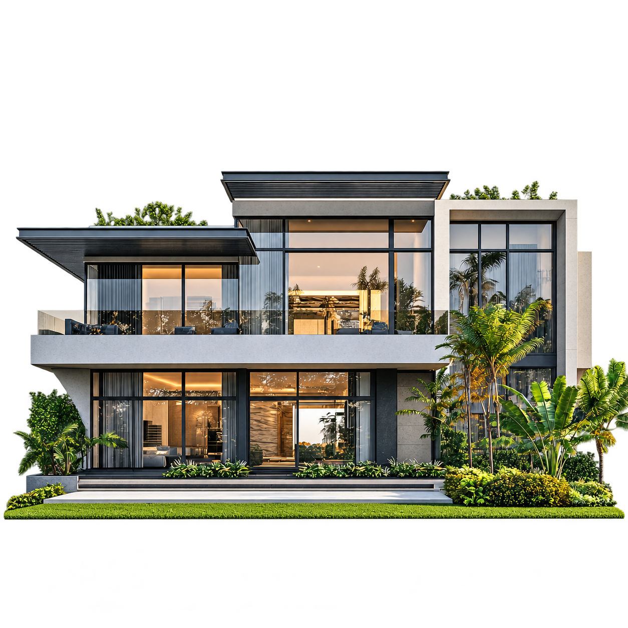 Glass-fronted contemporary residence with dark metal frames and tropical planting