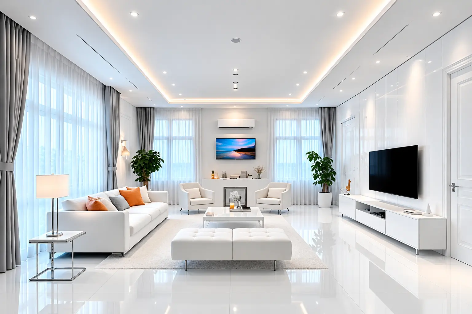 Bright living room with sheer curtains, low seating and full-height glazing to the garden