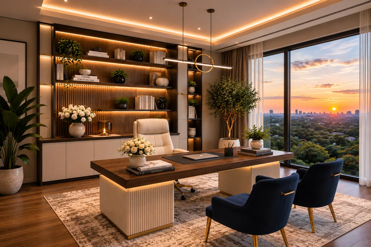 Home office with a walnut desk, lit shelving and a wide sunset view
