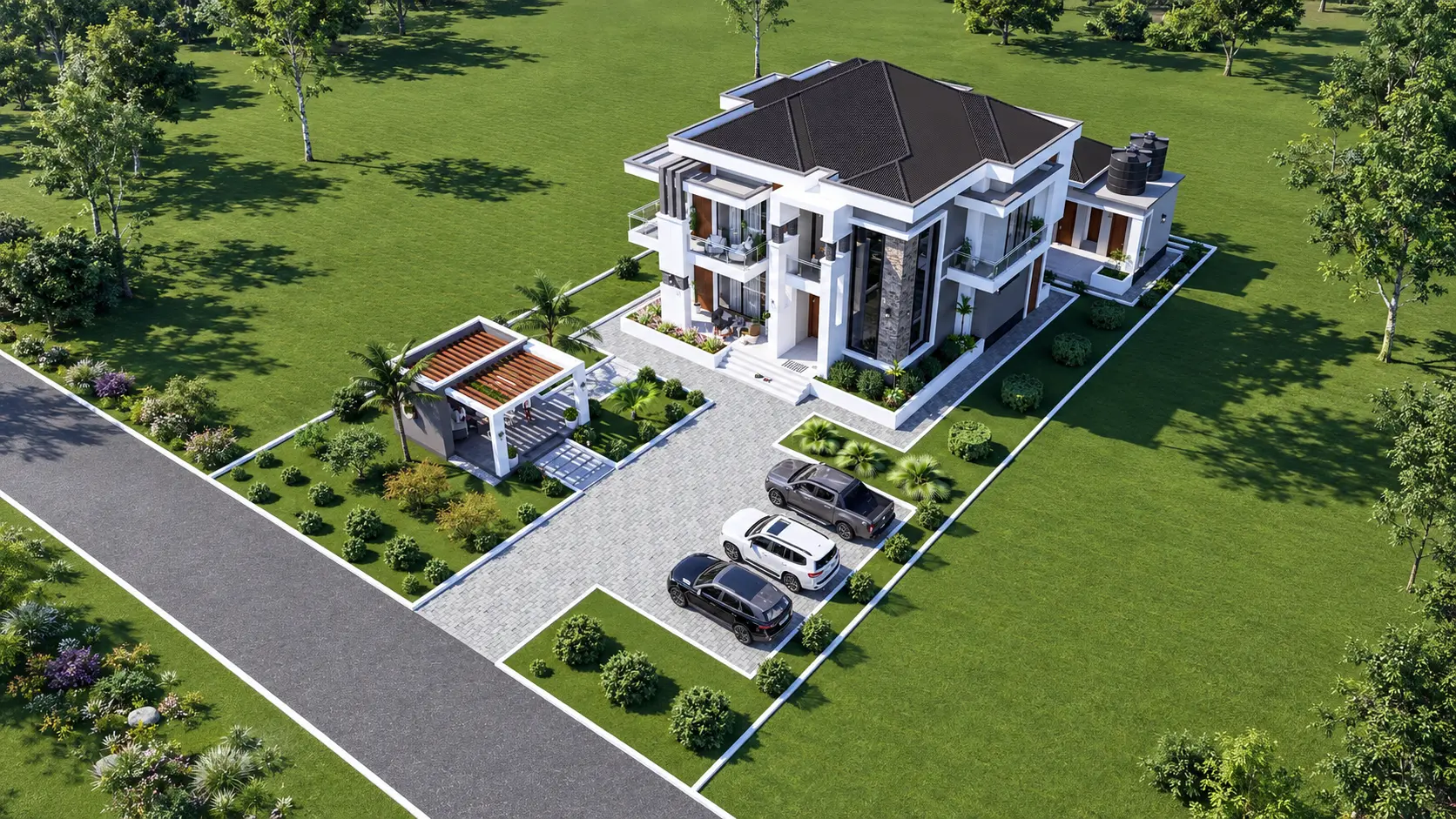 Aerial view of a modern white villa with pergola, paved driveway, parked cars and surrounding lawns
