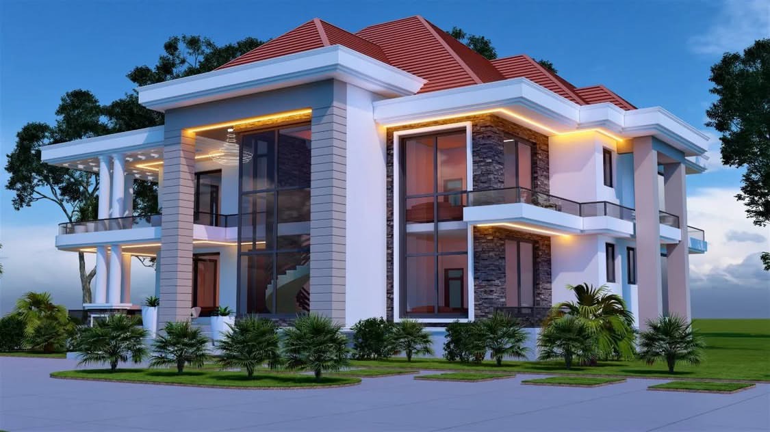Corner view of a white villa with stone-clad piers, tiled roof, glazed stair hall and warm concealed lighting along the eaves