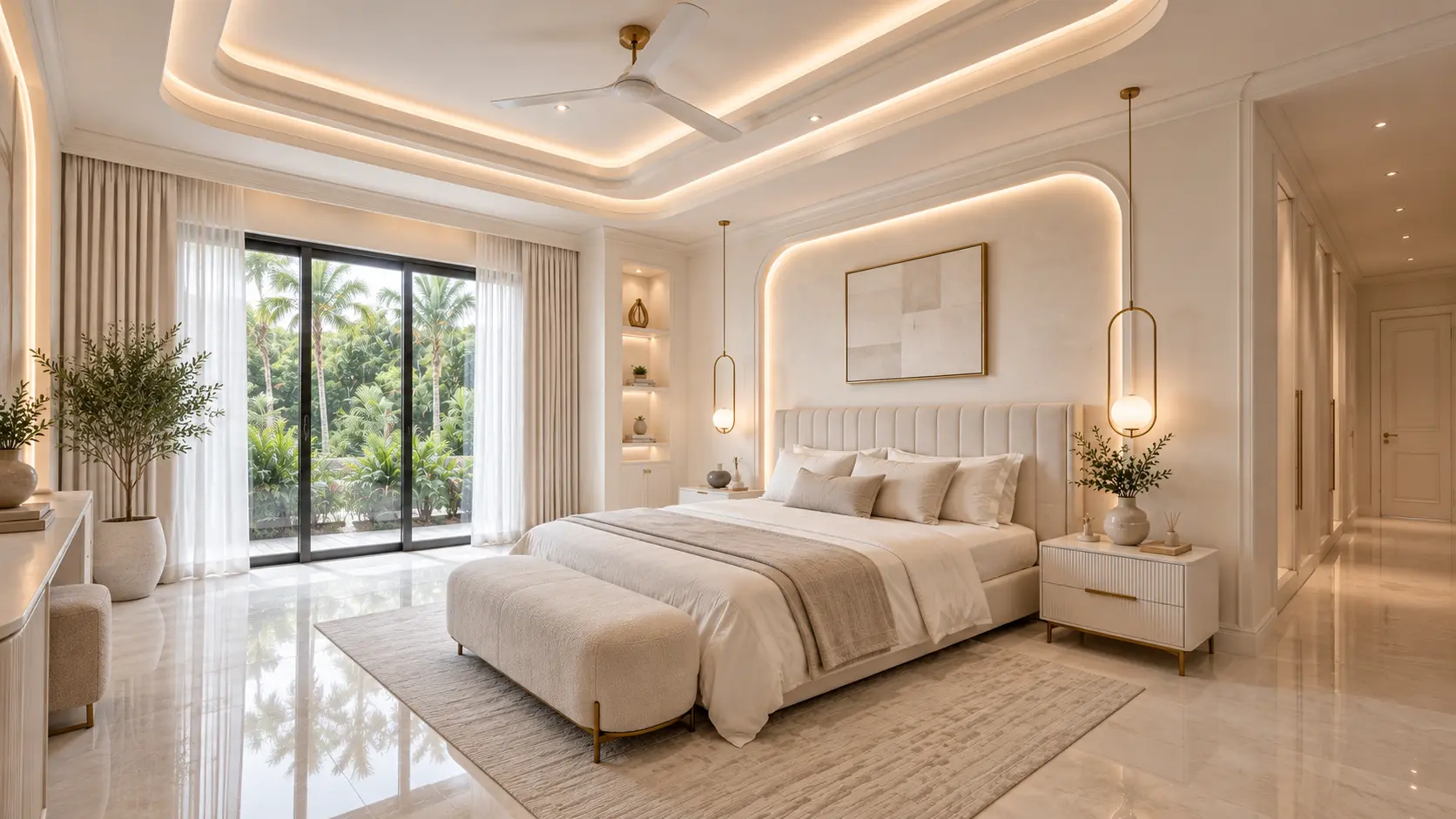 Primary bedroom in cream tones opening onto a palm garden