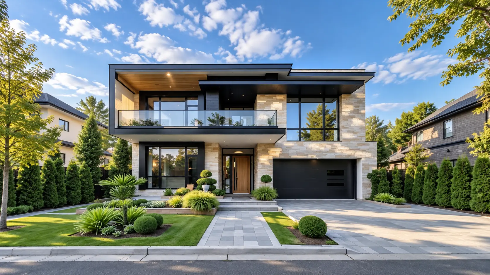 Modern family residence in stone and dark cladding with clipped topiary and paved driveway under a blue sky