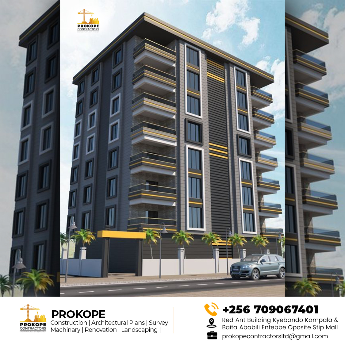 Seven-storey dark grey apartment building with white and gold balcony banding, palms and a car on the street below