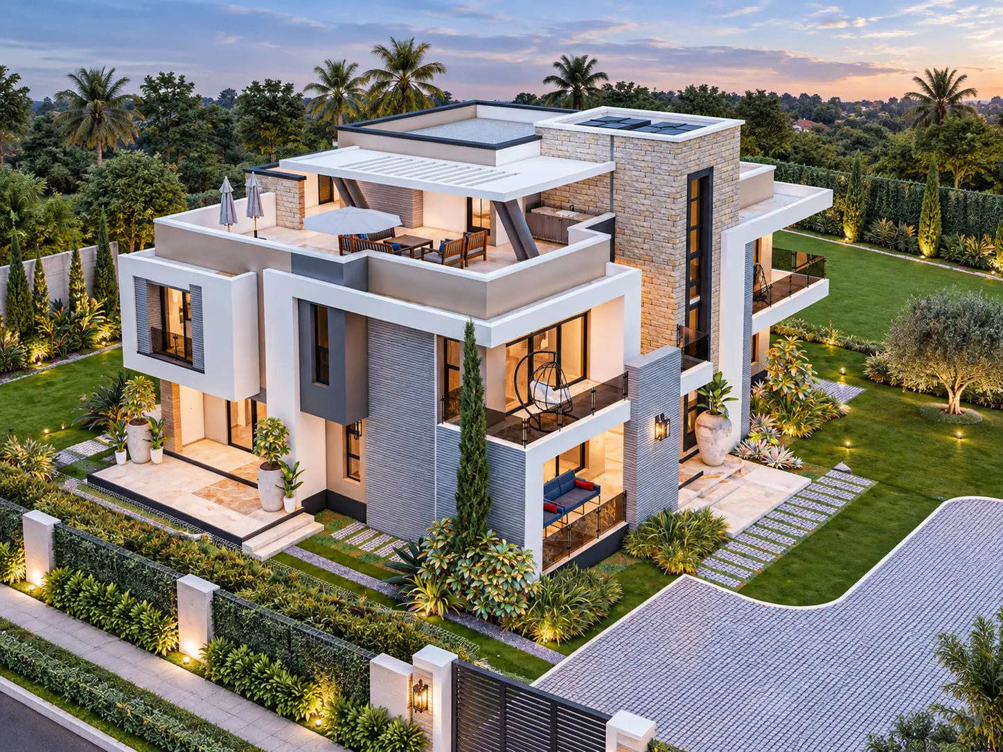 Aerial dusk view of the finished modern residence and its gardens