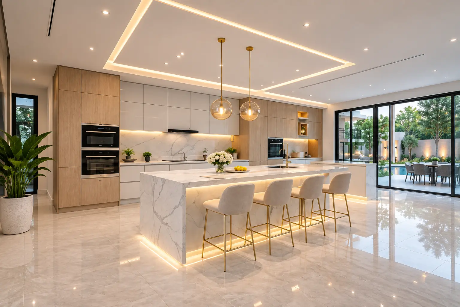 Open kitchen with a marble island, oak joinery and a view through to the garden