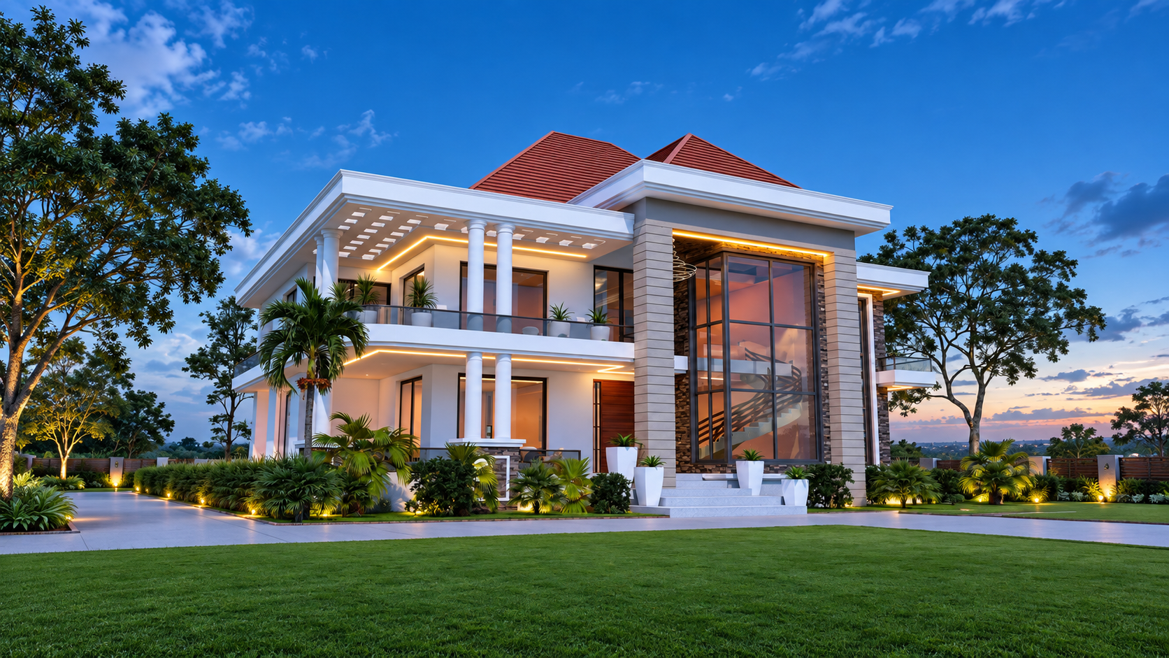 Grand two-storey white residence at dusk with classical columns, red tiled roofs, full-height glazing and landscaped gardens